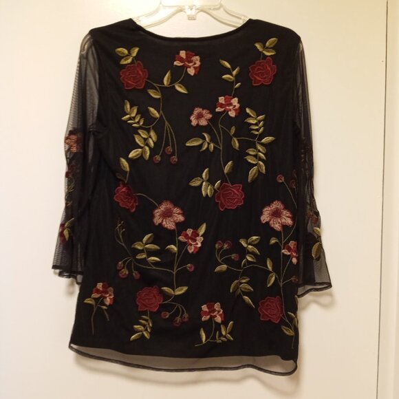 Charter Club Embroidered Flowers Mesh Overlay Black Blouse Top sz S - Picture 4 of 8